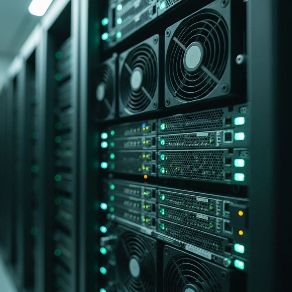Close-up of a high-tech server rack in a secure Swiss data center, glowing mint-colored status lights